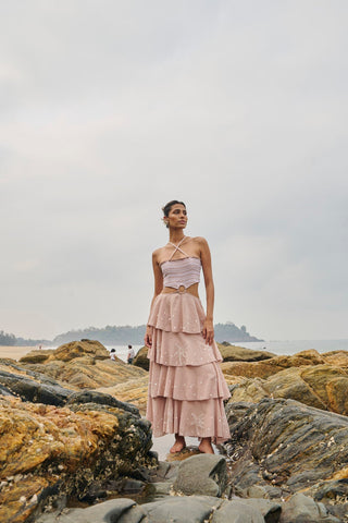 blush boho maxi dress Watercolor Blush Bouquet Tie-Waist Chiffon Maxi Dress for Manor Picnic & Floral Exhibition pink S-M